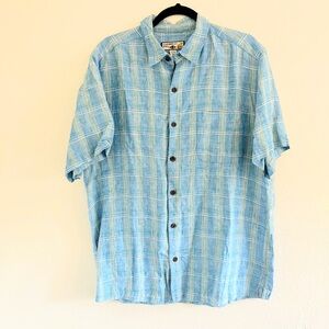 Caribbean Joe 100% Linen Blue Plaid Button-Up Shirt Men’s Large
